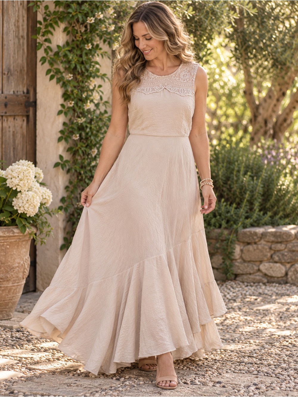Mia Joy Joyfolie Boho Lace Maxi Dress Women’s Large Beige